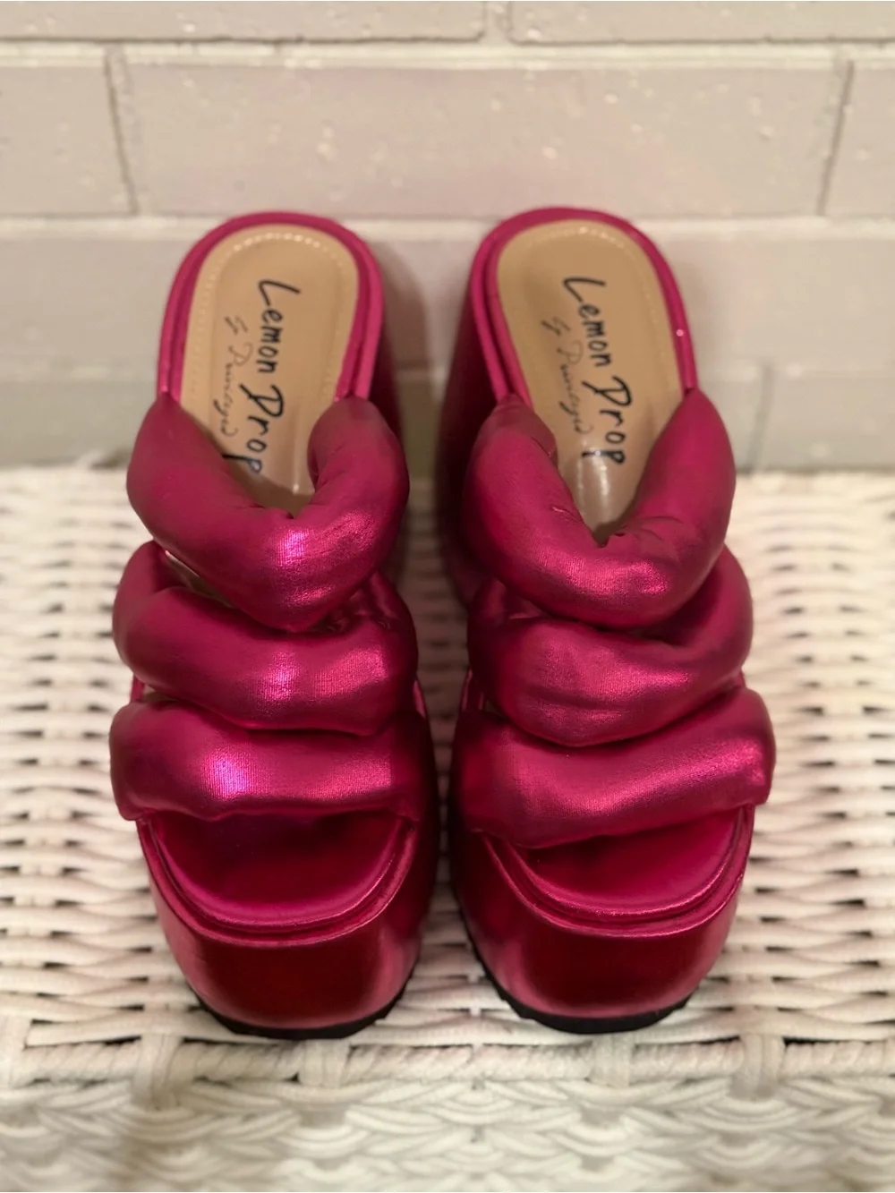 Dolls Kill Lemon Drop Metallic Fuchsia Padded Platform Slide Sandals